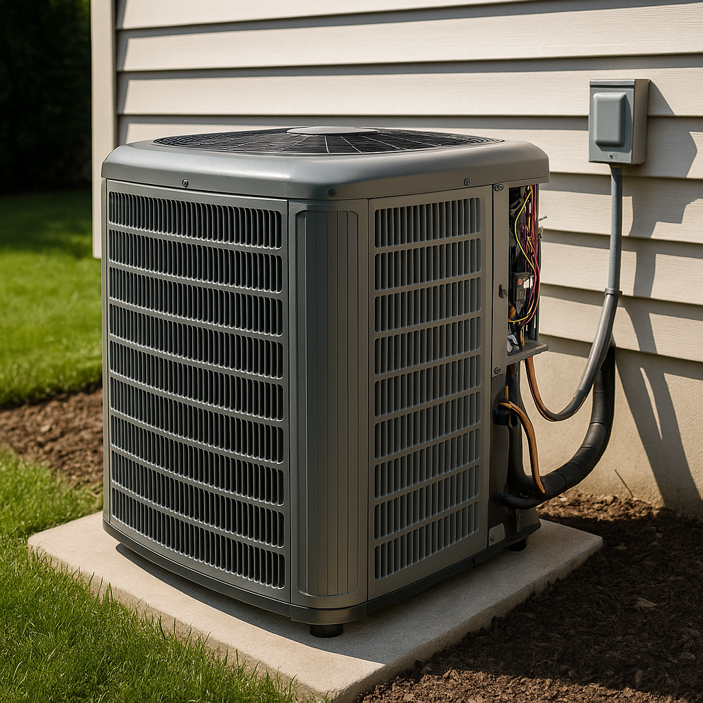 A modern gray residential air conditioner unit installed on a concrete slab next to a home in Tulsa, OK.